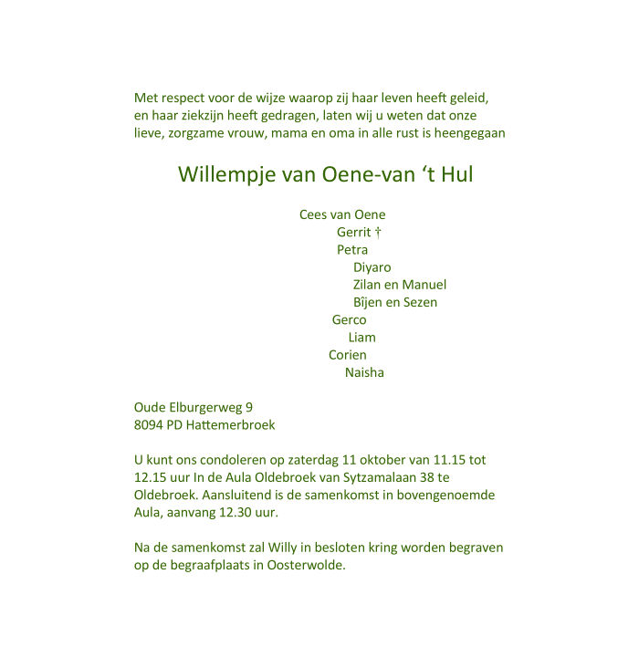 Willempje (Willy) van Oene - van 't Hul - 6 oktober 2025